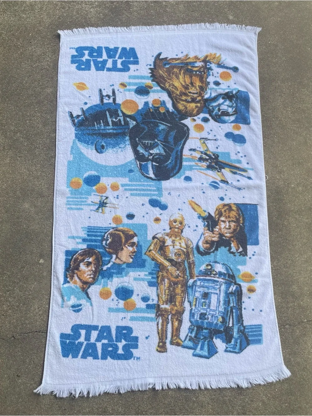 VTG 70's RARE Blue Star Wars Darth Vader Han Solo Bath Beach Towel 42x25